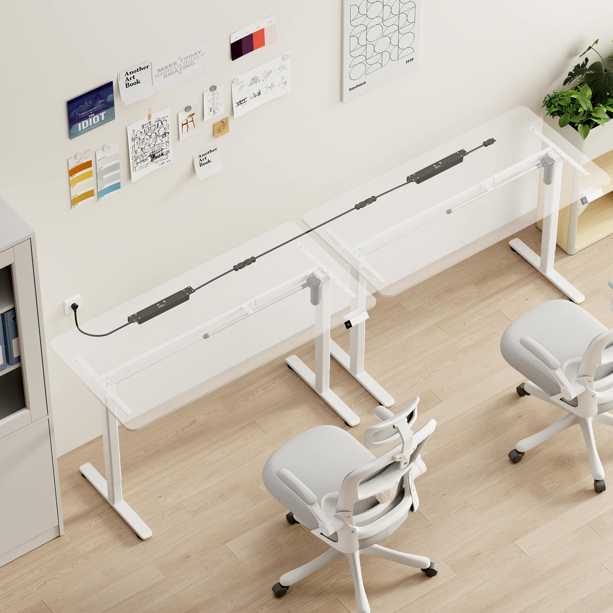 ClearSpace illustration revealing DAZY power distribution beneath two adjacent workstations