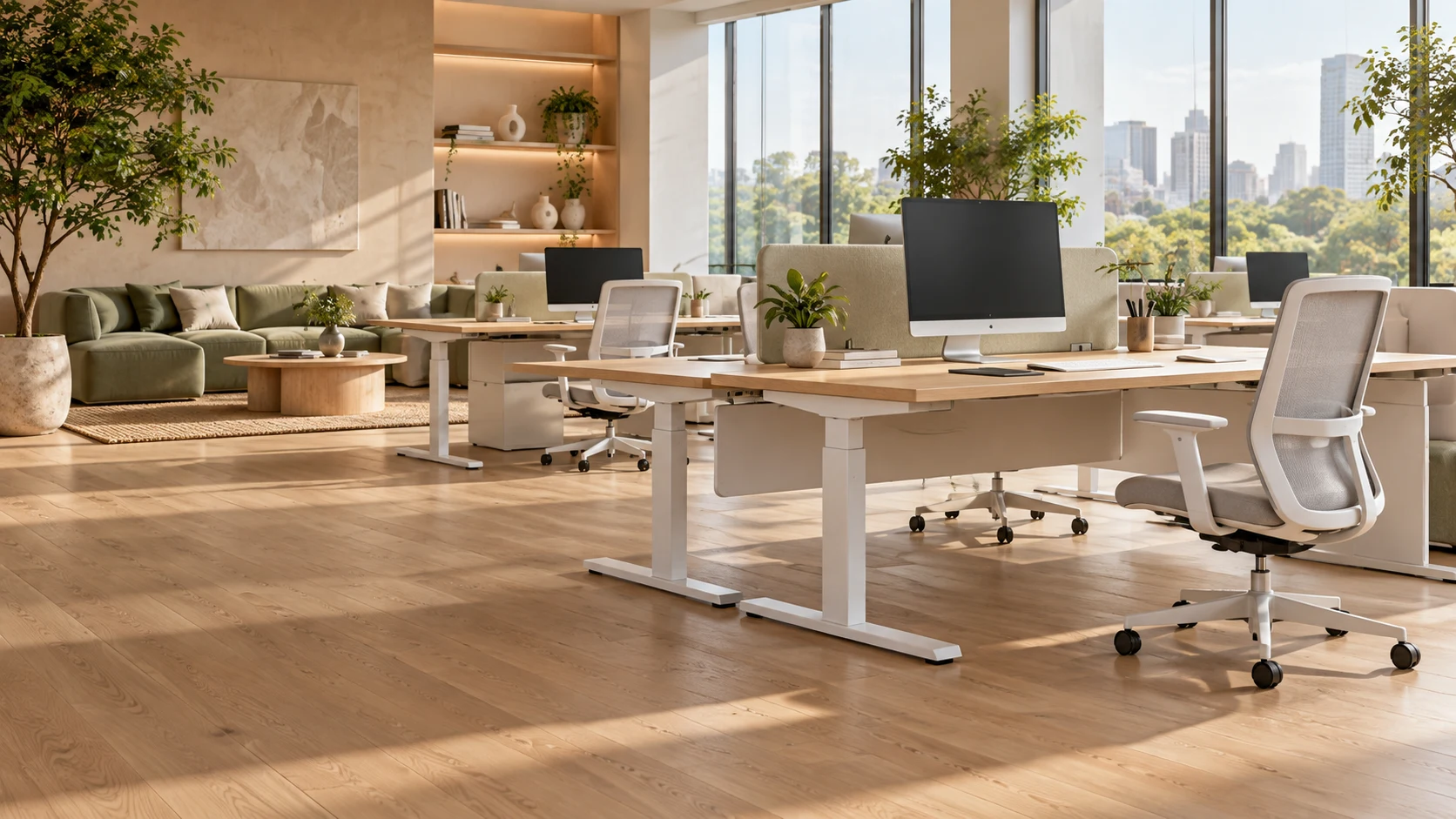 Modern collaborative office with clean oak worksurfaces, white desk frames, and daylight